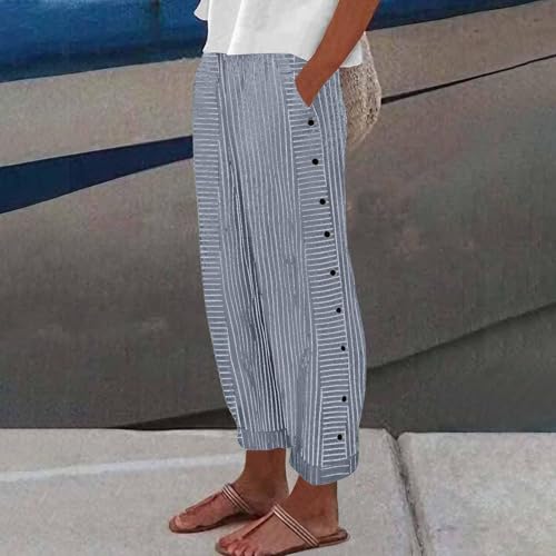 Blue Striped Linen Pants Women Capris Pants for Women Summer Casual Fashion Solid Colors Straight Wide Leg Cropped Pants with Pockets2