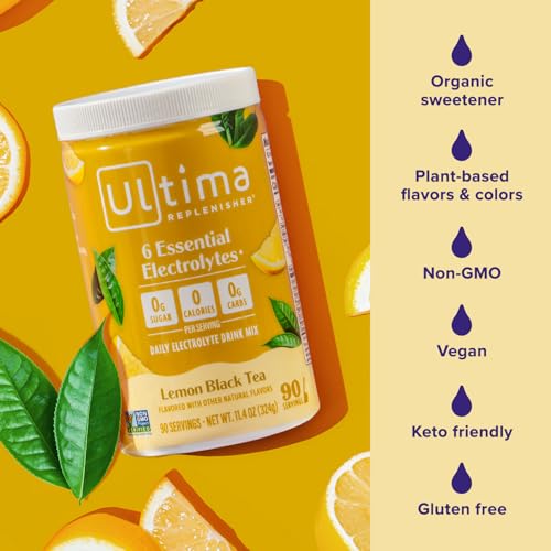 Image of Ultima Replenisher Daily Electrolyte Powder Drink Mix, 90-Serving Canister | Zero Sugar Lemon Black Tea Hydration Powder with 6 Electrolytes & Minerals - Sugar Free, Plant-Based & Keto Friendly