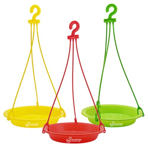 Image of OnlineTree Bird Feeder Hanging Tray for Water | Multi-Color Pack of 3 (Red, Yellow, Green) | Outdoor Bird Water Feeder for Balcony, Garden & Terrace | Hanging Water Bowl for Wild & Pet Birds