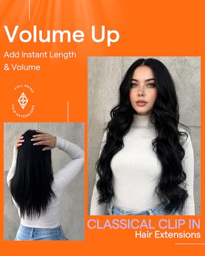 Image of Full Shine Black Clip in Hair Extensions 24 Inch Remy Hair Extensions Clip ins Human Hair Jet Black Natural Hair Clip in Extensions for Long Hair 7 Pieces 120g