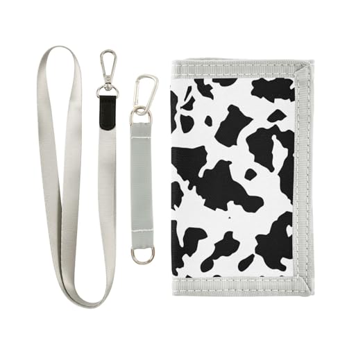 JHKKU Cow Print Kids Wallet for Boys Girls, Teen Canvas Trifold Purse with Zipper Coin Pocket