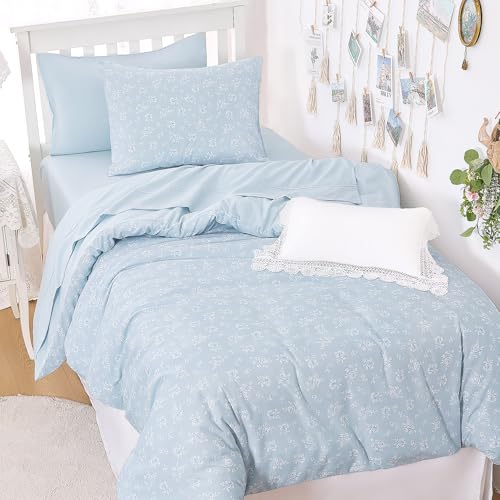Wake In Cloud - Floral Comforter Set Coquette Cottagecore Aesthetic Flower Shabby Chic Pattern for Women Teen Girls Soft Lightweight Bedding 3 Pieces Light Blue Twin/Twin XL Size