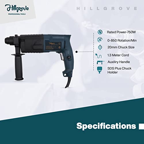 Image of Hillgrove HGCM999M3 All Purpose 20mm Hammer Impact Drill Machine Forward /Reverse Rotation with 3 Bits for Making Holes in Metal /Wood /Concrete Hammer Drill (20 mm Chuck Size, 750 W)