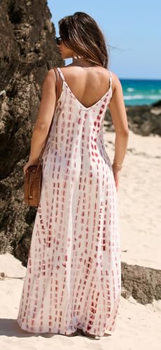 Image of Bluetime Women Summer Spaghetti Strap Maxi Dress V-Neck Sleeveless Flowy Boho Floral Beach Long Dress with Pockets