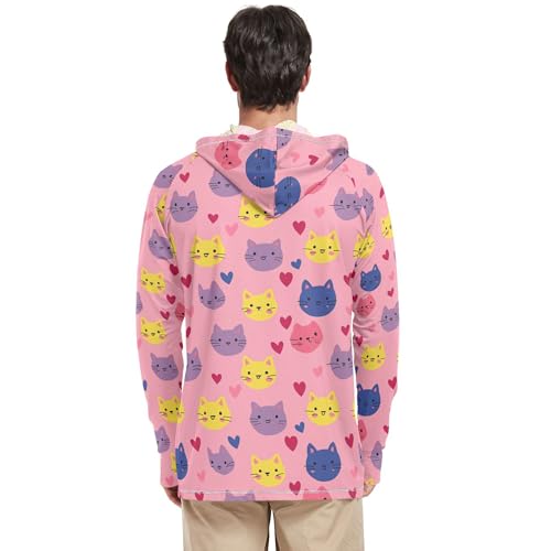 Wudan Valentine's Cartoon Hearts Cat Pink Mens Hoodies Shirts Long Sleeve Hiking Hoodie Swim Shirt UPF 50+ S3