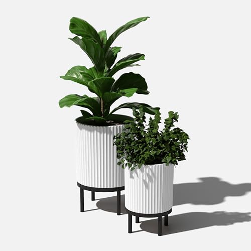 Image of Veradek Demi Series Raised Duo Planters - Set of 2 Planters with Stands | Made From a Durable Plastic-Stone Composite & Comes With Wooden Stand. Modern Porch /Patio Decor
