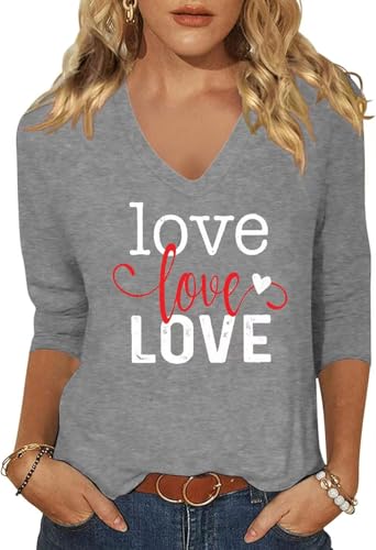 Image of Womens 3 /4 Sleeve V Neck Valentine T Shirts Love Heart Printed Graphic Tee Tops