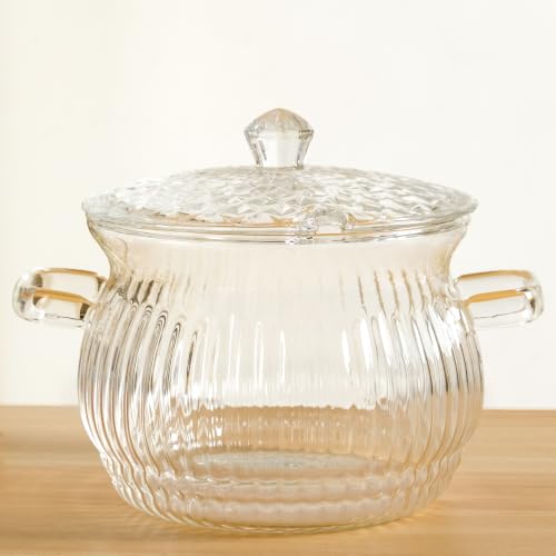Image of Nestasia Glass Cooking Pot with Lid on Gas Stove (2L) - Transparent Glass Casserole with Handles for Cooking | Microwave & Dishwasher Safe, Lightweight & Durable Glass Cookware