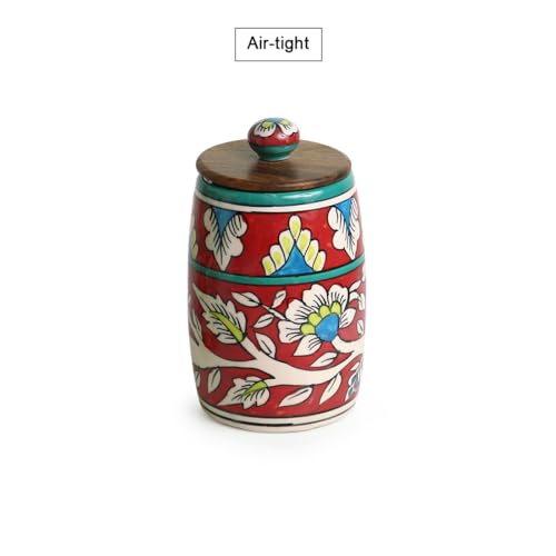 Image of ExclusiveLane 'Mughal Drum' Multi Utility Storage Ceramic Jar For Kitchen Storage With Wooden Lid (Airtight,570 ML)|Ceramic Jars And Container For Kitchen Storage Airtight Container For Kitchen,Red