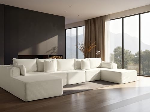 Image of 168 inch Cloud Sectional Couch, Comfort U Shaped Sofa for Living Room, Extra Deep Seats No Assembly, Minimalist Modular Couch, Corduroy (Cream, 7 Seats,U-Shape C)