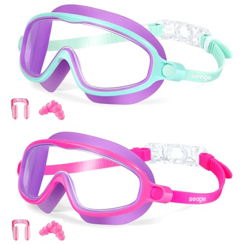 Kids Goggles for Swimming 2 Pack No Leaking Anti-Fog Outer Eye Fit with Wide View UV Protection Crystal Clear Watertight Swim Goggles with nose cover Suitable for Children Youth Boys Girls Age 3 to 14