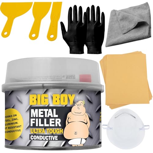 Silverhook Big Boy Metal Filler Conductive 250ml Bundle Car Body Filler & Body Filler Kit Includes 3 Spreaders 10pcs Assorted Sandpaper A Microfibre Cloth A Pair Of Gloves And A Dust Mask