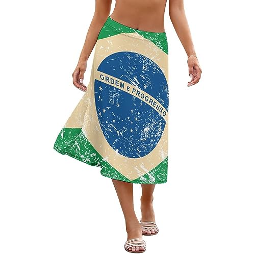 Women's Print Midi Skirt, Distressed Vintage Design, Green Yellow Blue