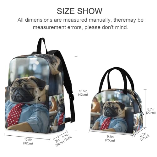 Backpack Lunch Box Set Large Capacity Travel Backpacks and Insulated Lunch Bag for Commute Hiking Picnic Office Pug Print2