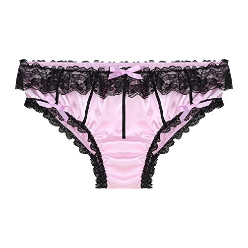Freebily Homme Sexy String Slip Dentelle Satin Frilly Thong Short Bloomer Extensible Sissy Lingerie Respirant sous-Vêtement à Volants Culottes Underwear M-2XL Noir Rose L