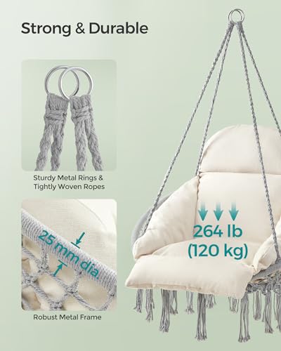 Image of SONGMICS Hanging Chair Thick Cushion Hammock Chair Accessories Included | Hammock Chair with Large, Thick Cushion, Boho Swing Chair for Bedroom, Patio, Balcony, Dove Gray and Cream White UGDC042M11
