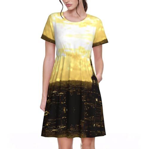 Robe à manches courtes d'été fluide style Tour Eiffel pour femme avec poches intégrées