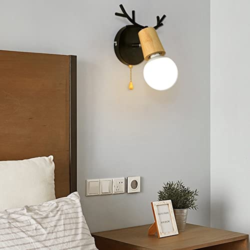 Mini lámpara de pared de asta E27 aplique de madera para dormitorio 3