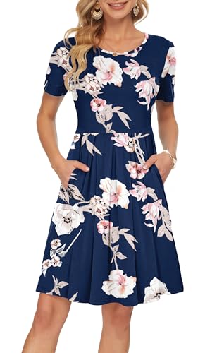 AUSELILY Sommerkleider Damen Kurz A Linie Leicht Und Luftig Elegant Plissee Loose Swing mit Knielangen Taschen Saphirblume L