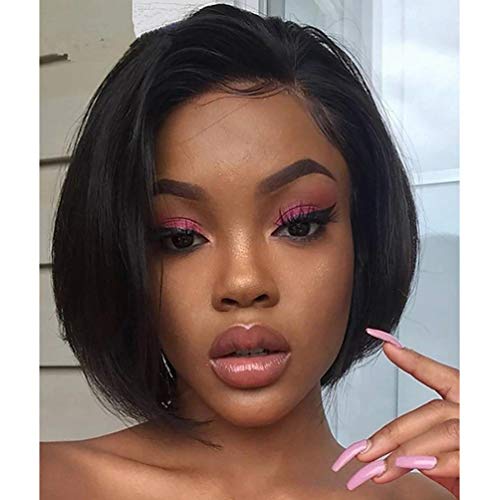 IWISH Short Straight Bob Lace Front Wigs for Women Black Synthetic Lace Wig Shoulder Length Middle Parting Wig Heat Resistant Wig for Daily Use