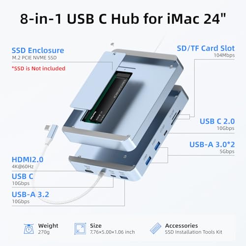 Image of USB C Hub for iMac 24 inch 2021 /2023 /2024, 8 in 1 iMac USB Hub with M.2 SSD Expansion (SSD Not Included)，with USB A /C 3.2 10Gbps, SD /TF, HDMI iMacM1 M3 M4 Dock Accessories