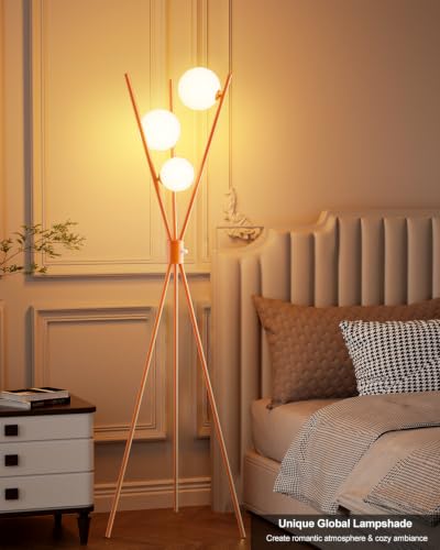 Image of 3 Globe Dimmable Tripod Floor Lamp, Mid Century Standing Lamps with 3Pcs 3000K Bulbs Included, Modern Tall Lamp for Living Room Bedroom Home Office Sofa Beside Corner Decor-Orange