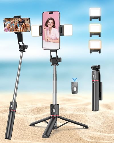 Selfie Stick with Light & Wireless Remote Portable Phone Tripod Stand for iPhone & Android Lightweight Foldable Selfie Stick for Travel Vlogging and Live Streaming