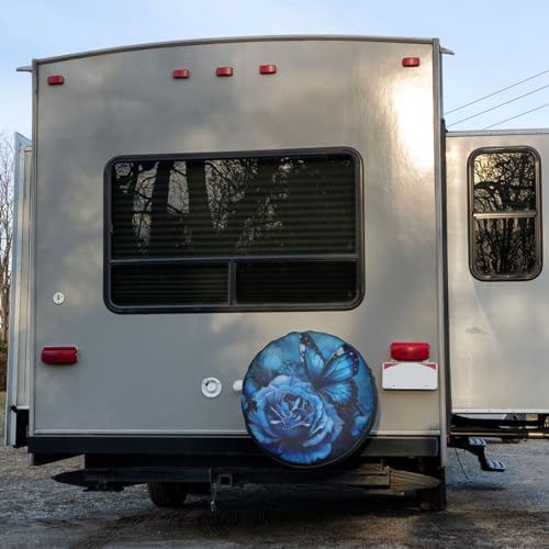 Image of Delerain Spare Tire Cover Blue Rose Butterfly Wheel Covers Sun Protection Waterproof for Truck RV Trailer SUV and Many Vehicle (14 Inch for Diameter 23 inch-27 inch)