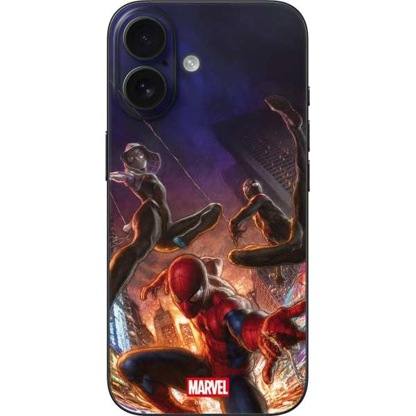 Skinit Decal Phone Skin Compatible with iPhone 16 - Officially Licensed Marvel Spiderman Group Wall Design