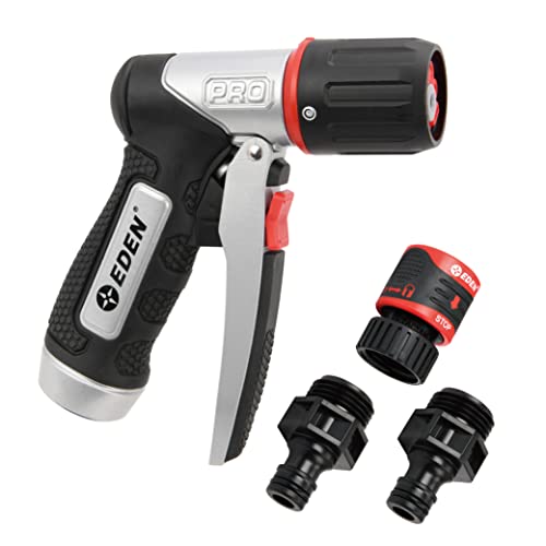 Eden 94834 Heavy Duty Metal Garden Hose Nozzle Sprayer High Pressure 4 Spray Pattern W/Quick Connector Set for Watering Plants