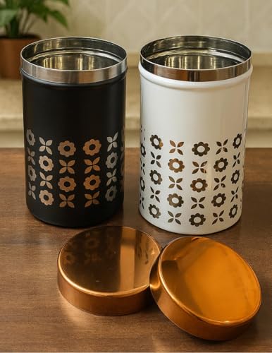 Image of DARAZ Kitchen Storage Canisters, Black and White Floral Pattern, Steel Perfect for storing tea, coffee, sugar, nuts, dried fruits, 750ml, Set of 2