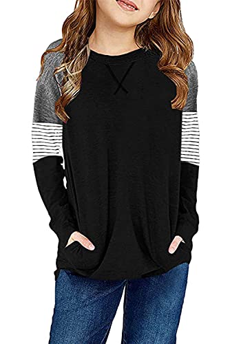 Image of SELINK Girls Big Kids Long Sleeve Striped Color Block Pocket Tees | Casual Loose Fit With Side Pockets,Soft Stretch Polyester Blend For Big Girls Daily&Back To School Wear