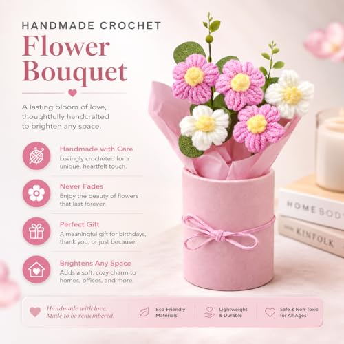 Image of Handmade Crochet Flower Bouquet with Gift Box - Pink & White Knitted Artificial Floral Arrangement, Hand Woven Yarn Flowers for Desk Decor, Car Decoration, Bedroom, Wedding