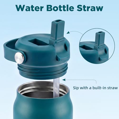 Image of 32 oz Insulated Water Bottle with Straw, Leakproof Stainless Steel Bottle with Handle, Non-Slip Silicone Sleeve, Internal Markings, Dishwasher Safe for Travel, Gym, Sports, Turquoise