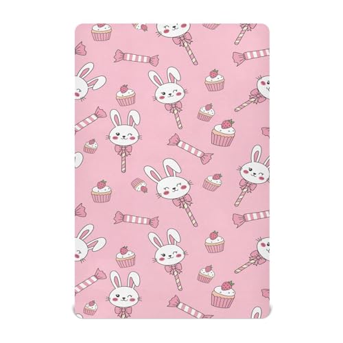 Image of Rabbit Candy Cake Pink Fitted Crib Sheet for Boys Girls Baby Bed Sheets for Baby Gift,52 X 28 in