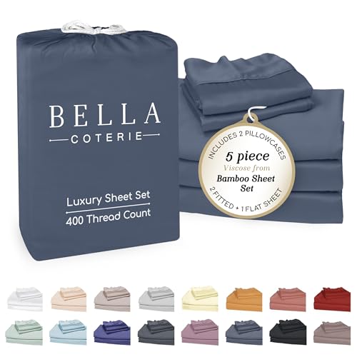 Bella Coterie Luxury Bamboo Viscose Split King Size Sheet Set | 100% Organically Grown | Ultra Soft | Cooling for Hot Sleepers | 18" Deep Pocket [Slate Blue]