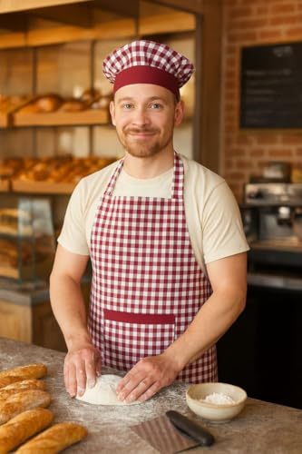 Image of Switchon Checkered Cotton Kitchen Cooking Apron with Chef Hat - Pack of 2 | Multi-Purpose Chef & Waiter Apron for Men & Women | Home, Hotels, Restaurants & Cafes | Proudly Made in India