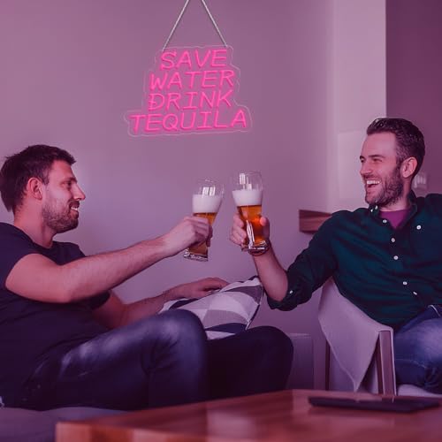 Image of Neon Sign, Save Water Drink Tequila LED Neon Light for Wall Decor, USB Neon Bar Sign for Party Club Restaurant, Bedroom Wall Decor 16.54 x 11.81 inch, Acrylic Material