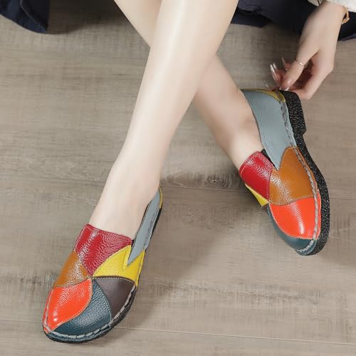 Image of Trsorini Women Leather Loafers Slip-on Casual Flat Shoes | Soft sole comfortable slip on flats,multi color stitching design,driving walking casual daily dress occasions wear