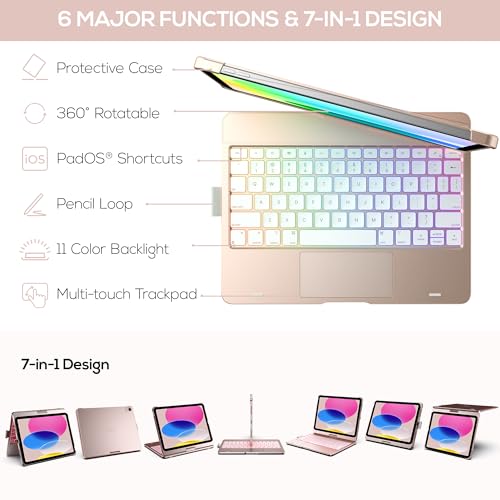 Image of typecase Touch iPad 11th 10th Generation Case with Keyboard (11 inch 2025, A16 & 10.9 inch 2022) - 360 Rotatable, 11-Color Backlit, Multi-Touch Trackpad, Pencil Holder, Thin & Light - Rose Gold
