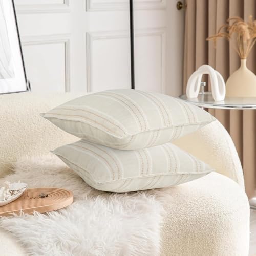 18X18 Decorative Farmhouse Linen Throw Pillow Covers, Boho Textured Pillow Case Set of 2 ,Beige with White & Brown Stitch Yarn Dyed Stripe Cushion Cover ,Modern Accent Square Pillowcase for Sofa Couch — view 2