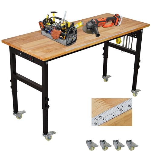 48" x 24" Workbench, MERXENG Heavy Duty Work Bench with Power Outlet, Scales, Pegboard, 6 Hooks, 2200 LBS Load Capacity, 8 Adjustment Height Work Table for Garage, Workshop, Office, Home, Wheels