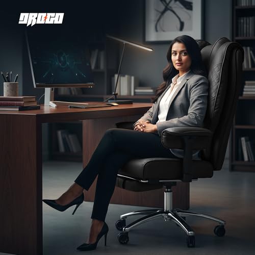 Image of DROGO Leather Monarch Pro Ergonomic Office Chair for Work from Home 400LBS,Computer Chair for Study with High Back,Cushion Seat,Armrest,Head&Lumbar Support,Gaming Chair with Footrest & Recline (Black)