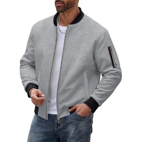 wiebdncj Herren Übergangsjacke Herren Bomberjacke Sommer Waffelstoff Blouson Jacke Leichte Freizeit mit Taschen 26312grey-S