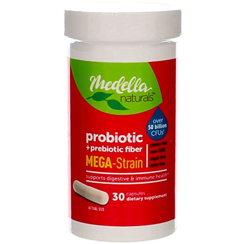 Medella Naturals Mega-Strain Probiotics + Prebiotic for Adults 50 Billion CFUs to Support Digestive and Immune Health Made in The USA Capsules, 30 Count