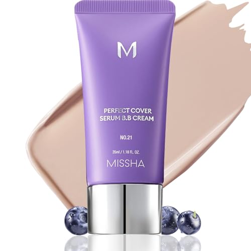 MISSHA M PERFECT COVER SERUM BB CREAM N.º 21 Beige Claro - Tono claro con subtono frío, Crema hidratante con color, Maquillaje con tratamiento para la piel, Maquillaje coreano, 35 ml