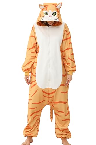 CWDGAGANB Adult Adorable Shorthair Cat Costume Orange Cat Onesie Pajamas Halloween Costumes Cosplay Sleepwear for Women Men L