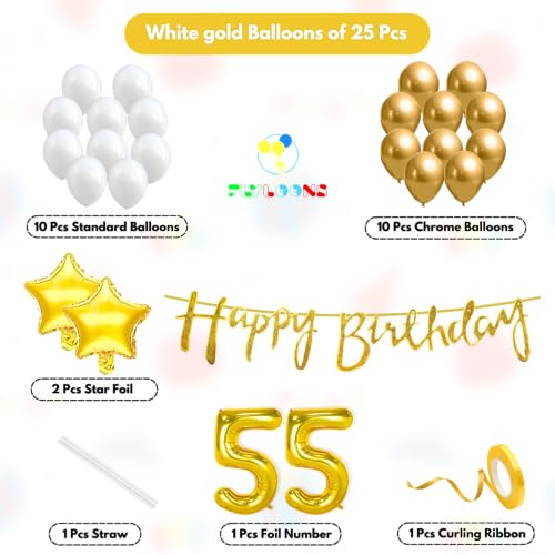 Image of Flyloons 55th Happy Birthday Decoration Kit Gold White for Boys Girls Men Women Adults Bedroom Car With 20 Pcs Chrome Balloons Birthday Banner 2 Pcs Star Items Set Golden