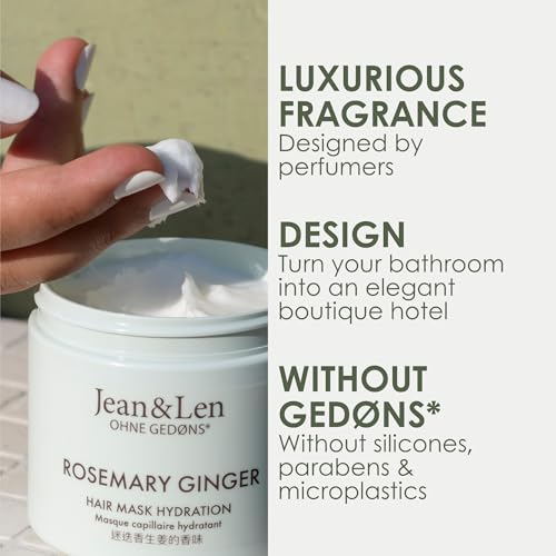 Jean & Len Rosemary & Ginger Haarmasker, voor sterk beschadigd, droog en glanzend haar, intensieve vochtverzorging, zonder parabenen, siliconen en microplastic, 200 ml - Afbeelding 3