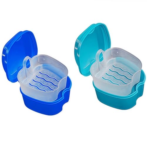 Heanvmyss Caja de Baño para Dentaduras Postizas,2 Piezas Caja de Retenedor,Estuche para Dentadura Postiza de Viaje,Almacenamiento de Dientes Falsos para Remojo Limpieza(Azul)